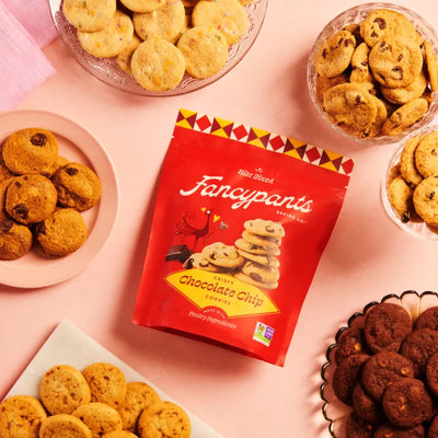 Fancypants Chocloate Chip packaging surrounded with cookies