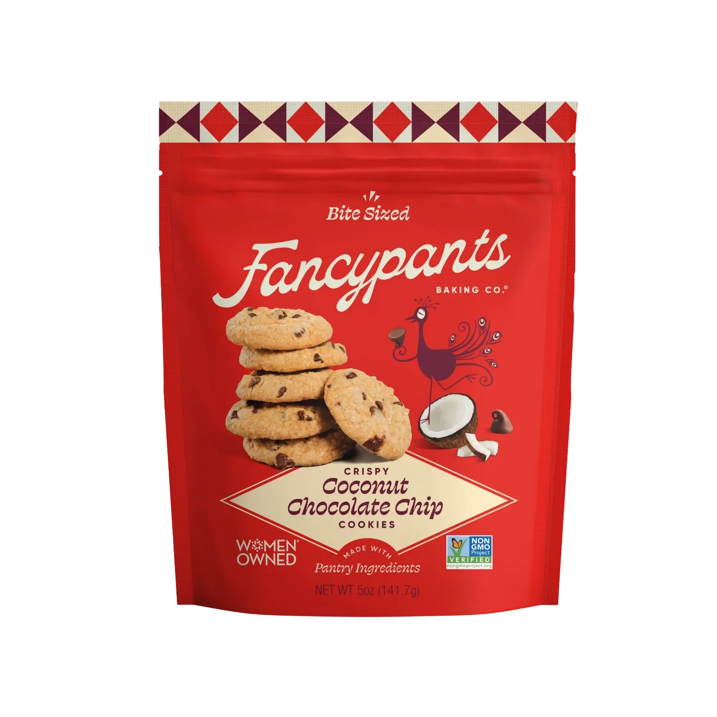 Red bag of coconut chocolate chip cookies by Fancypants Baking Co.