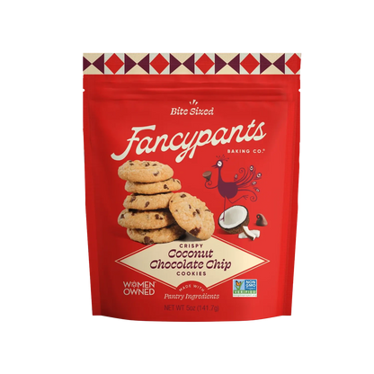 Red bag of coconut chocolate chip cookies by Fancypants Baking Co.