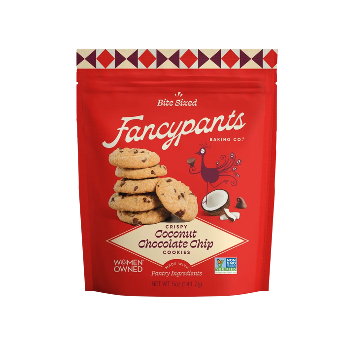 Red bag of coconut chocolate chip cookies by Fancypants Baking Co.