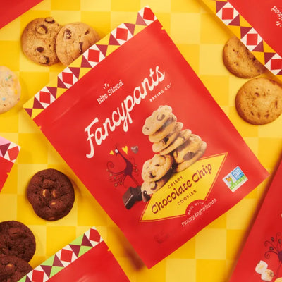 Fancypants chocolate chip packaging surrounded by cookies