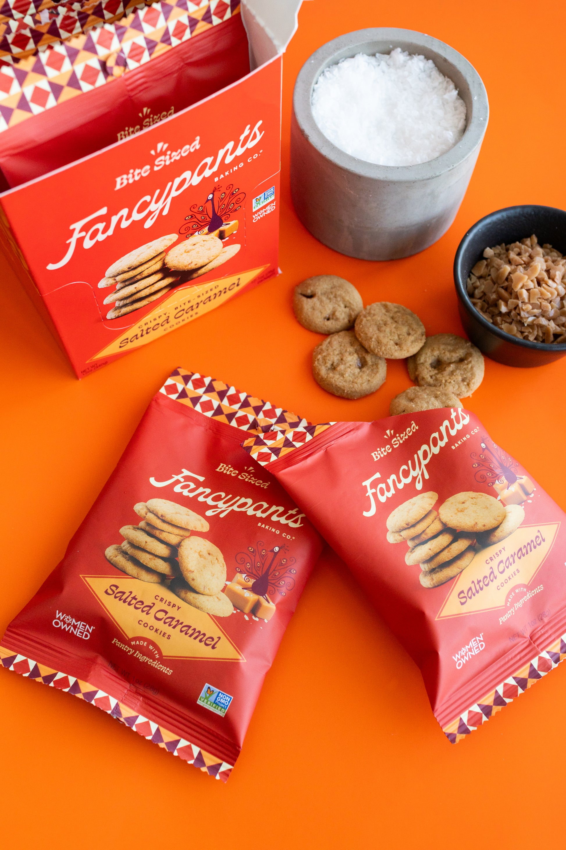 Fancypants Salted Caramel crispy cookies mini snack packs with caramel pieces and sea salt