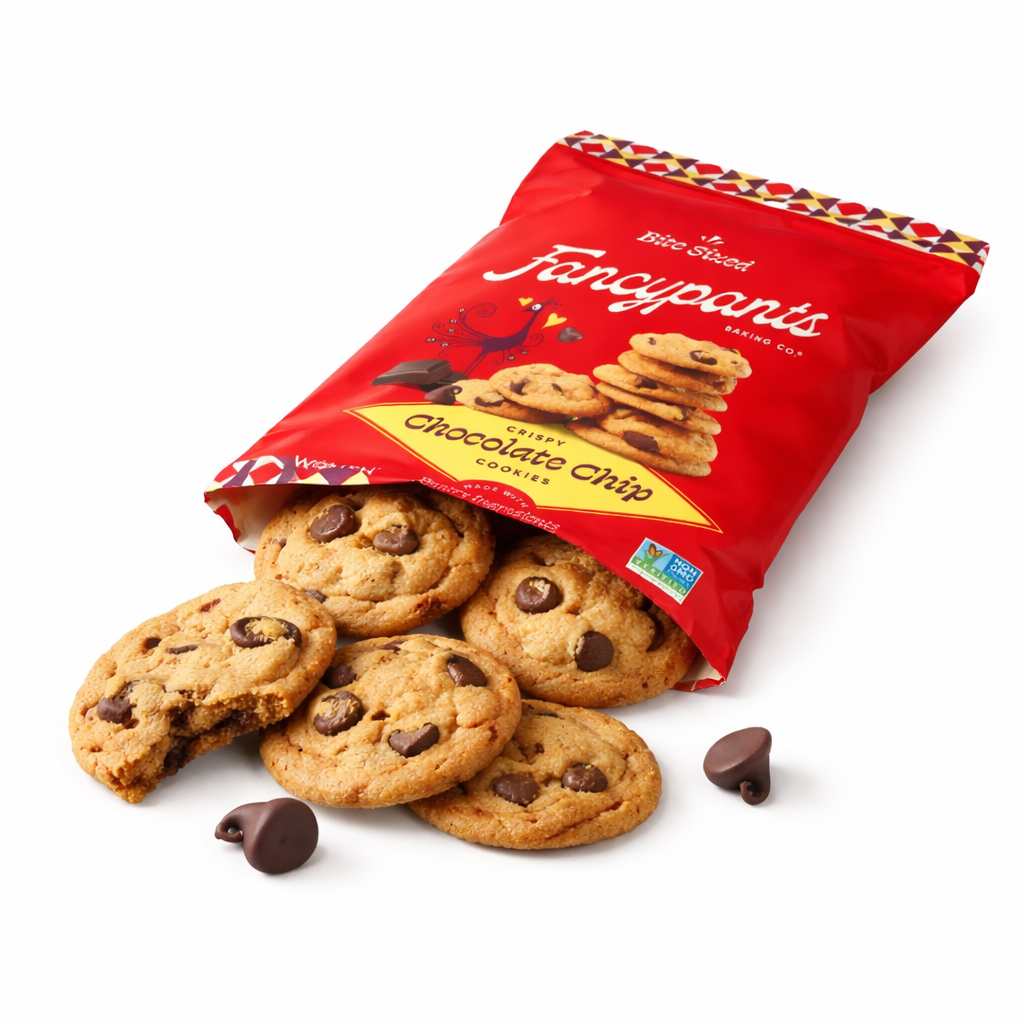 Open chocolate chip mini cookie snack pack showing crispy bite size chocolate chip cookies