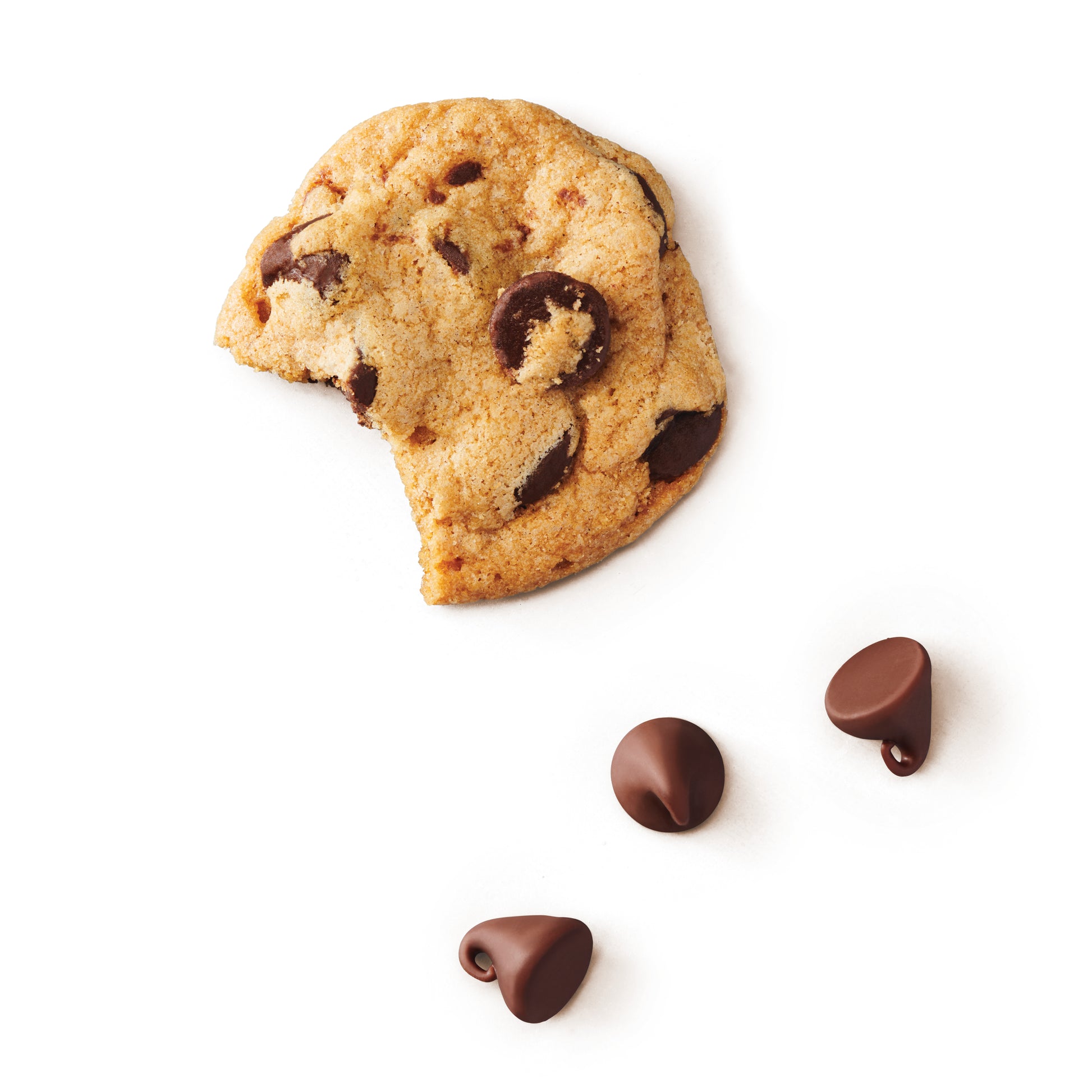 Fancypants crispy chocolate chip cookie with chocolate chips on white background
