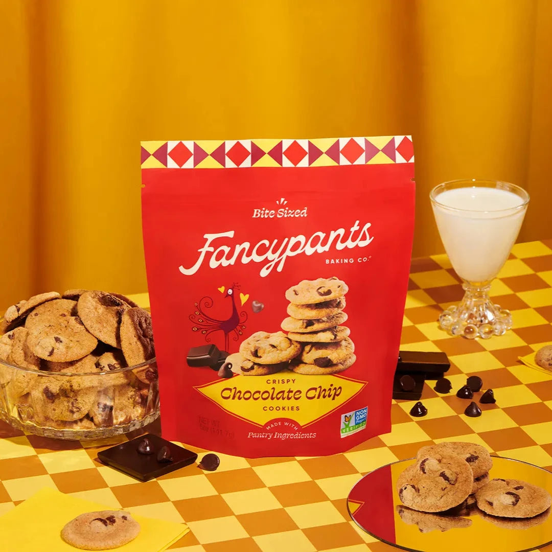Fancypants crispy chocolate chip cookies 5 oz pouch with cookies and milk