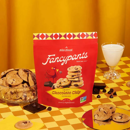 Fancypants crispy chocolate chip cookies 5 oz pouch with cookies and milk