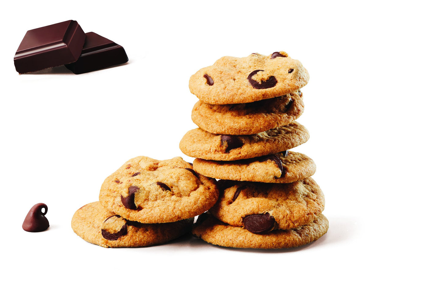 Stack of Fancypants crispy chocolate chip cookies with chocolate pieces