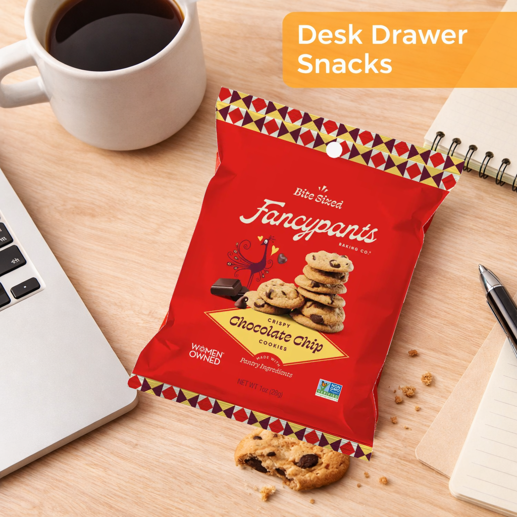 Chocolate chip mini cookie snack pack by Fancypants Baking Co – crispy chocolate chip cookies in 1 oz individually wrapped bag