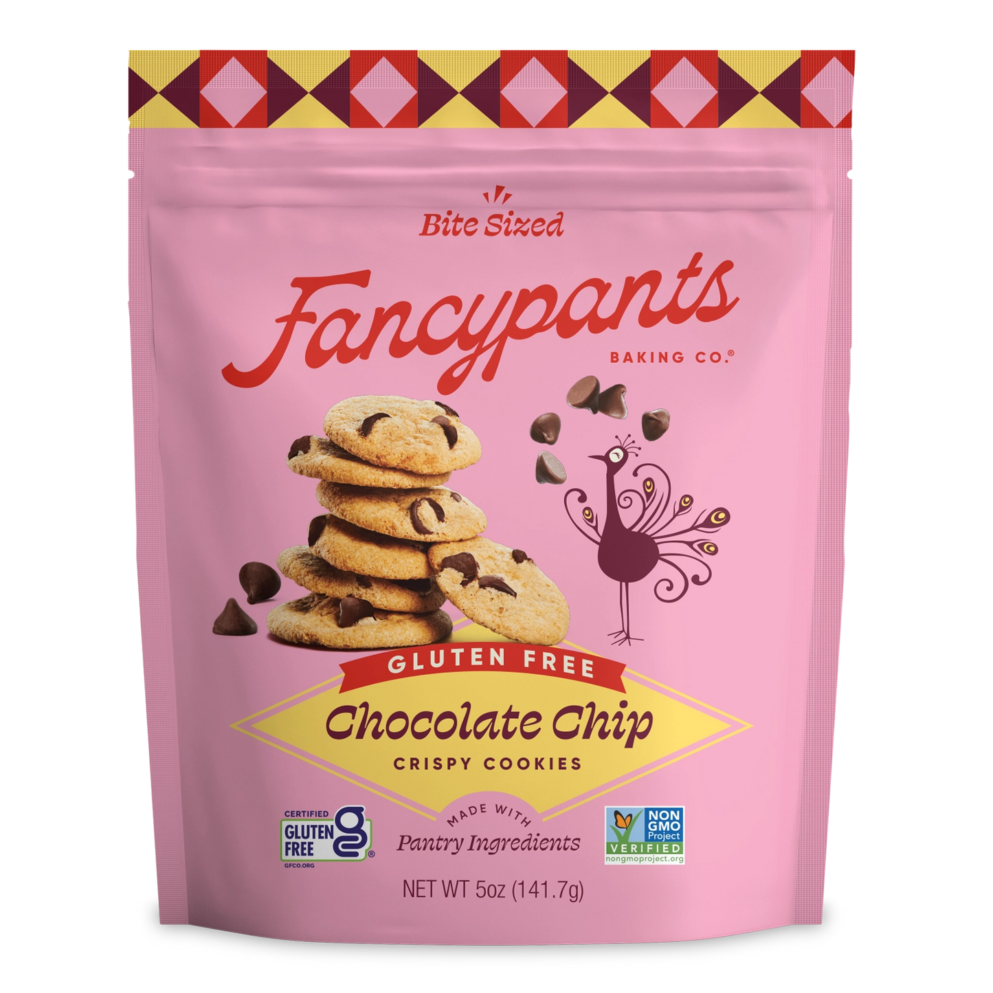 Fancypants Gluten-Free Chocolate Chip Crispy Cookies in pink 5-oz pouch with thin crunchy chocolate chip cookies and Certified Gluten-Free seal