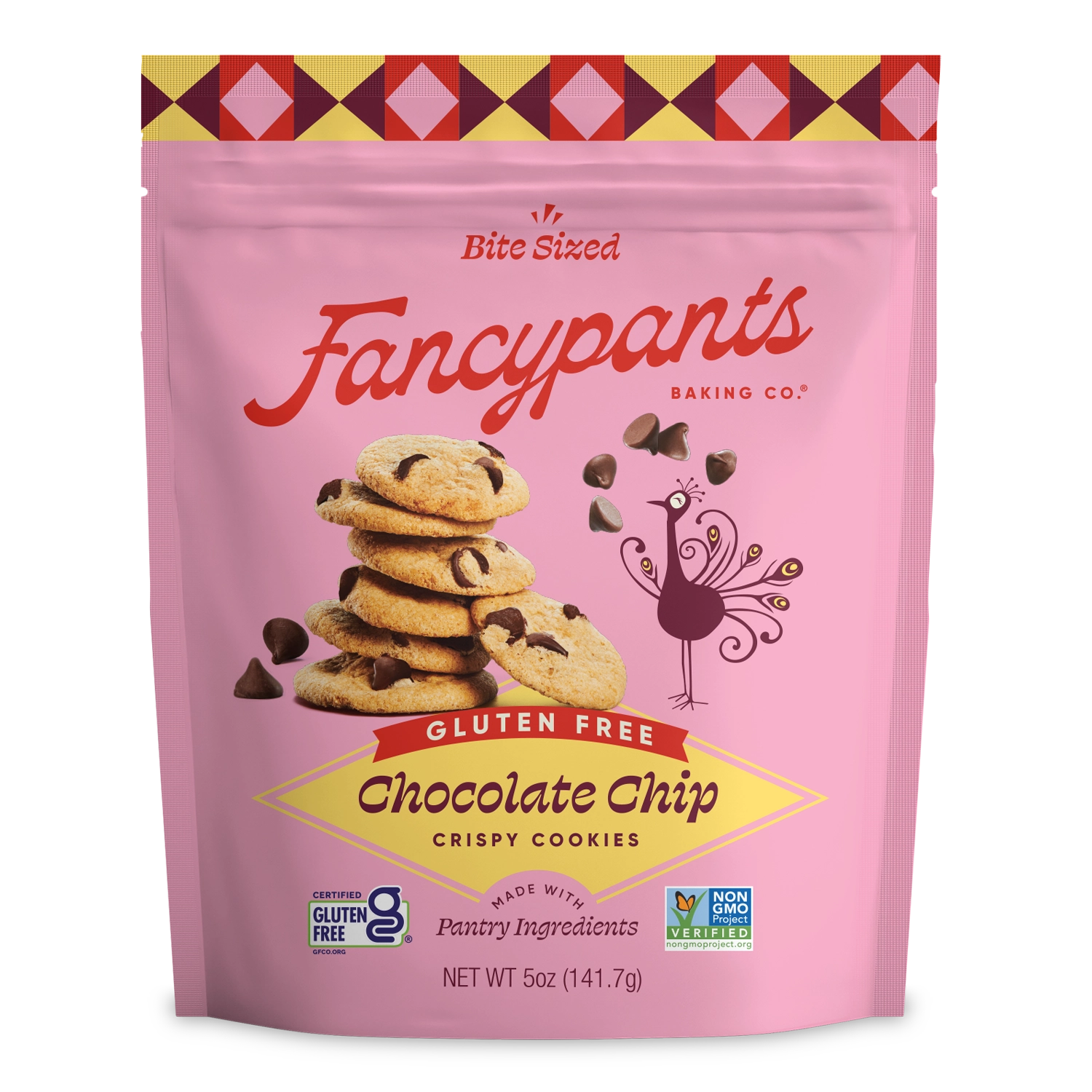 Fancypants Gluten-Free Chocolate Chip Crispy Cookies in pink 5-oz pouch with thin crunchy chocolate chip cookies and Certified Gluten-Free seal