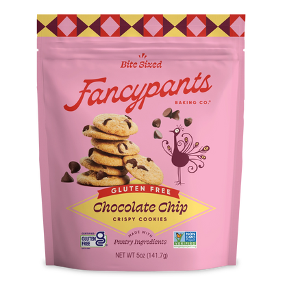 Fancypants Gluten-Free Chocolate Chip Crispy Cookies in pink 5-oz pouch with thin crunchy chocolate chip cookies and Certified Gluten-Free seal