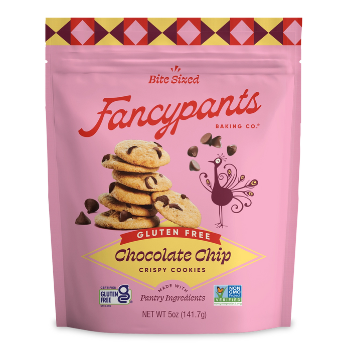 Fancypants Gluten-Free Chocolate Chip Crispy Cookies in pink 5-oz pouch with thin crunchy chocolate chip cookies and Certified Gluten-Free seal