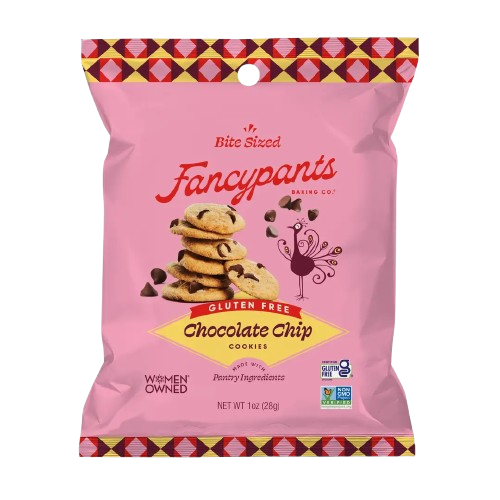 Gluten free chocolate chip mini cookie snack pack by Fancypants Baking Co – 1 oz individually wrapped cookies