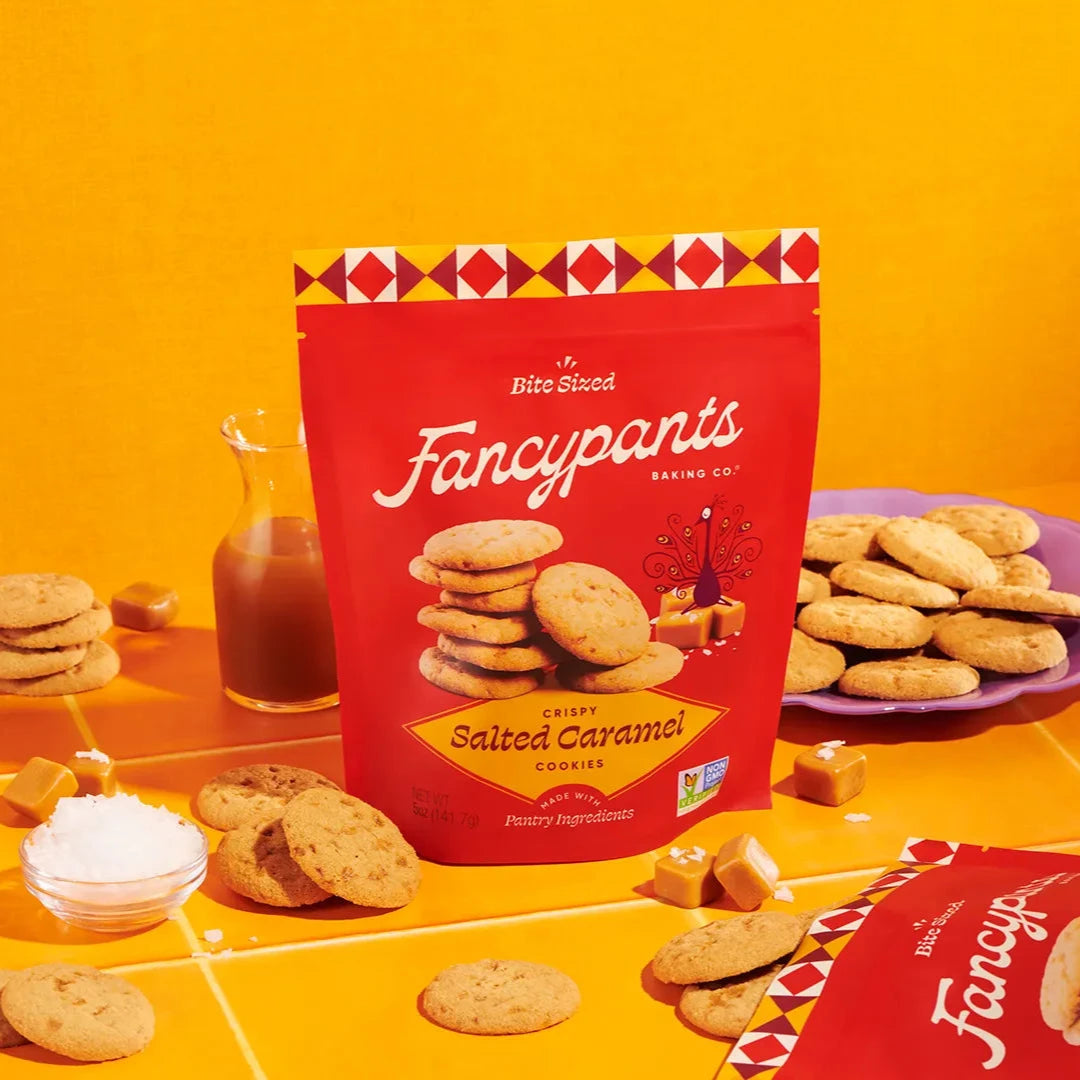 Fancypants crispy salted caramel cookies 5 oz pouch with caramel pieces and sea salt