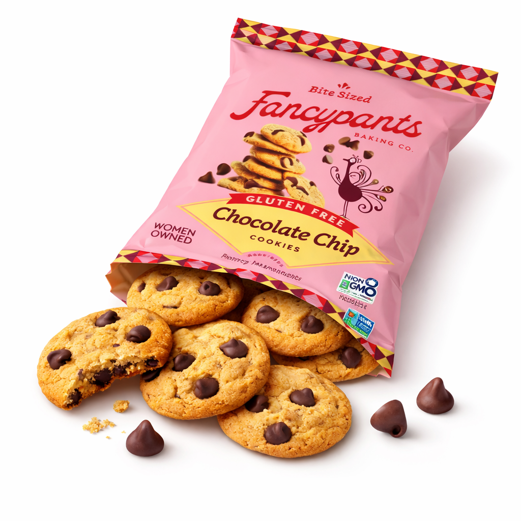 Gluten-free chocolate chip cookies spilling from Fancypants Baking Co. mini cookie snack pack bag on white background